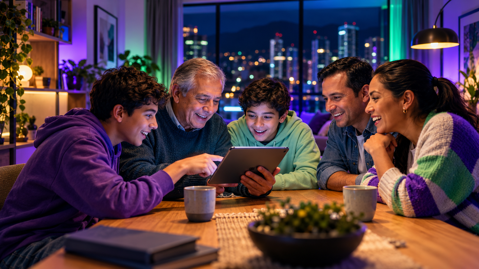 Familia de varias generaciones compartiendo una experiencia digital alrededor de una tableta